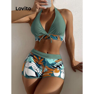 Lovito Sexy Conjunto Feminino Biquíni com Laço Estampa de Plantas LNL36108 (Branco/Verde/Preto)