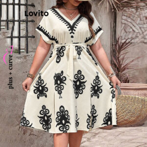 mall inline badgeLovito Vestido casual plus size com estampa tribal e costura com cinto para mulheres LBL17316